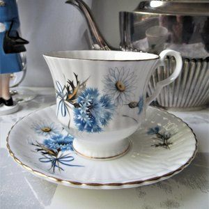 Fine Bone China Mug & Saucer Blue Flowers by Royal Windsor, England